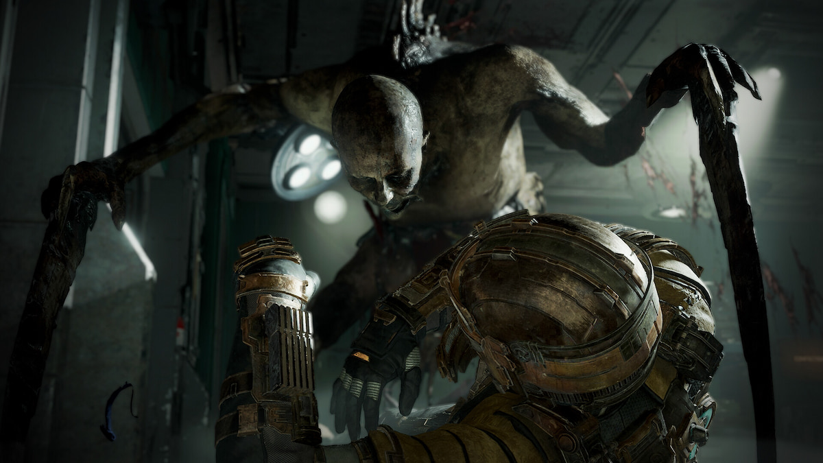 Image promotionnelle pour Dead Space ;  montrant Isaac attaqué par un ennemi nécromorphe.