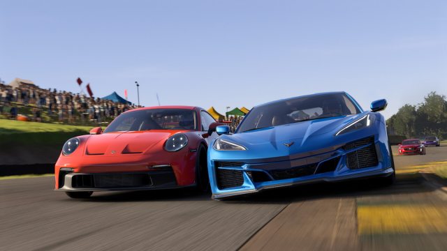Image promotionnelle pour Forza Motorsport, montrant deux voitures courant l'une à côté de l'autre.