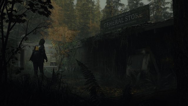 Image promotionnelle pour Alan Wake 2, montrant Saga se dirigeant vers un magasin général abandonné.