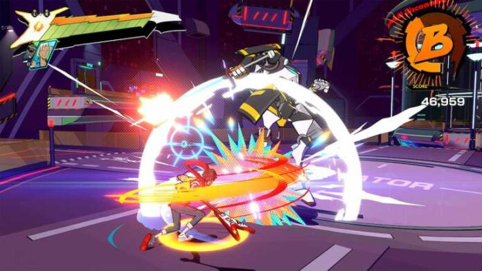 Promo image for Hi-Fi Rush, showing Chai hit an enemy with his guitar.