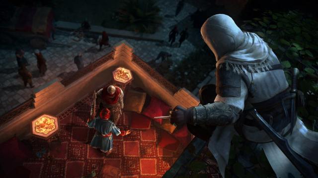 Image promotionnelle pour Assassin's Creed Mirage, montrant le protagoniste traquant des cibles d'en haut.