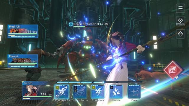 Image promotionnelle pour Final Fantasy 7 Ever Crisis, montrant Aerith combattant une Sentinelle Scorpion.