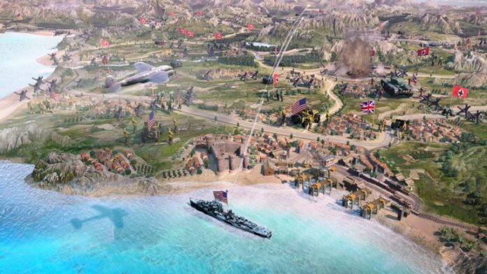 battle on the seashore with submarines, planes and troops in Company of Heroes 3