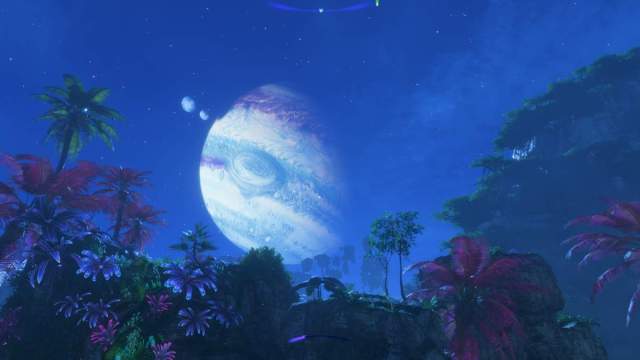 Avatar Frontiers of Pandora vue de la lune la nuit.