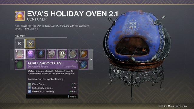 L'écran du menu Eva's Holiday Oven lors de l'événement Dawning 2023