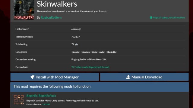 Page Web montrant le mod Skinwalkers pour Lethal Company