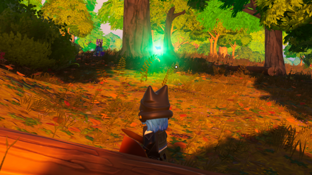 Capture d'écran du mode LEGO Fortnite d'une fée du butin dans une forêt avec une figurine.