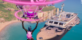 Fortnite character landing on a yacht