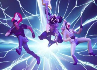 Three musicians in costumes and a red guitar fly at the screen with purple lightning in the background.