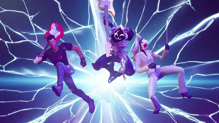 Three musicians in costumes and a red guitar fly at the screen with purple lightning in the background.