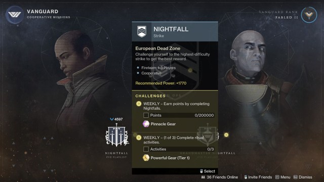 Image de l'écran de lancement de Nightfall dans Destiny 2