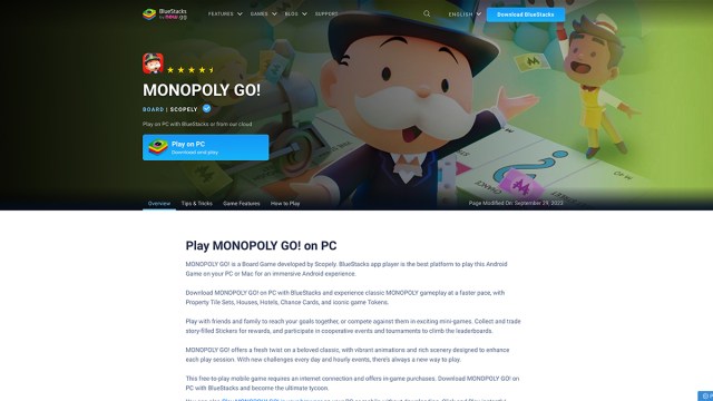 Site BlueStack pour télécharger Monopoly Go sur PC