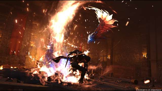 Clive invoquant ses pouvoirs de feu dans Final Fantasy XVI