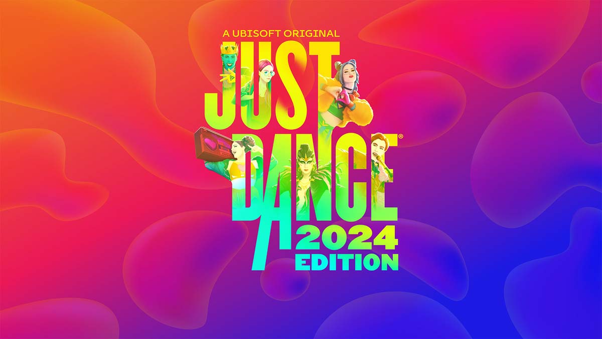 Logo Just Dance 2024 sur fond rose violet