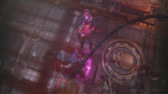 Heinrix debout au-dessus d'un cadavre dans Warhammer 40k Rogue Trader