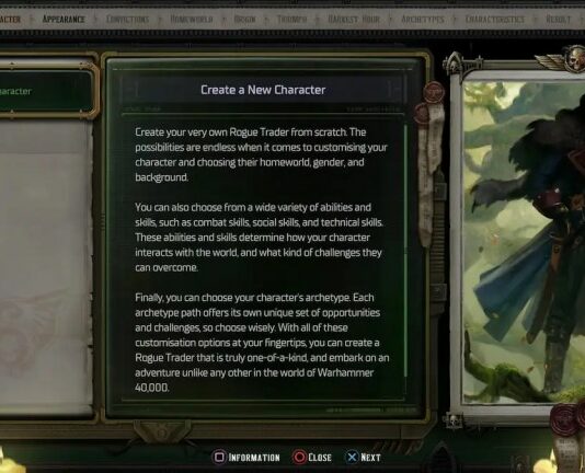 custom character creation screen in warhammer 40k rogue trader