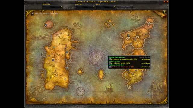 Carte WoW Classic avec Questie, montrant les zones de Kalimdor et des Royaumes de l'Est