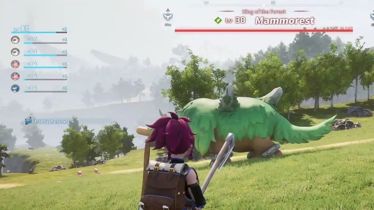personnage de Palworld regardant une créature verte géante