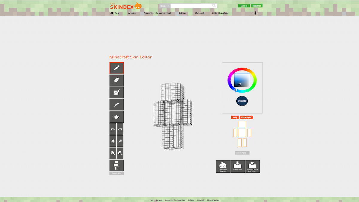 L'écran d'édition pour Skindex, avec un modèle vierge utilisé comme modèle.