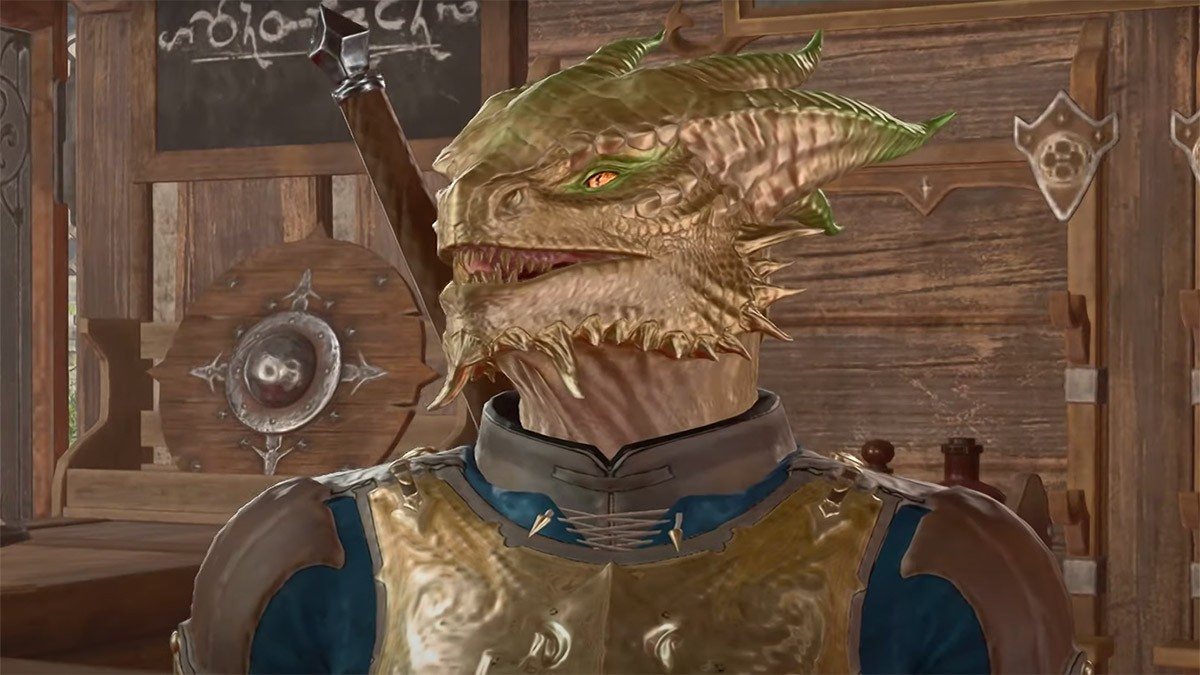 une créature humanoïde draconique ressemblant à un lézard avec des écailles de laiton dans Baldurs Gate 3