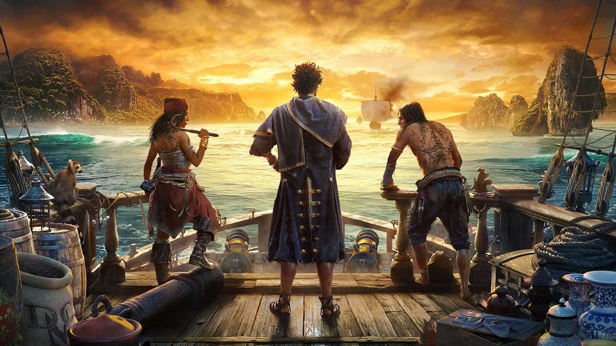 Trois pirates sur un bateau regardant l'océan