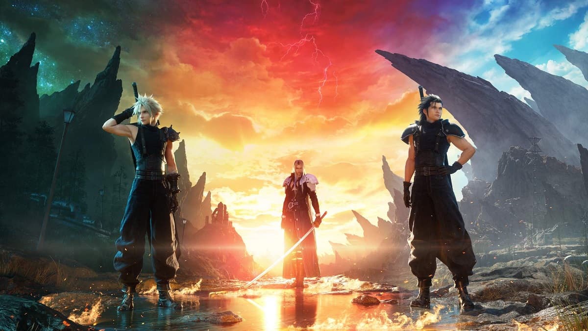 Cloud, Zack et Sephiroth debout devant le soleil à l'horizon