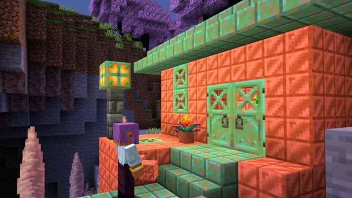 A villager stands in front of the house in Minecraft