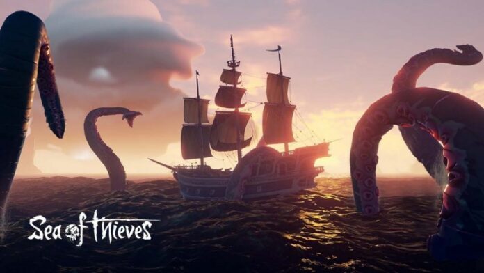 A giant squid attacks ship in Sea of Thieves.