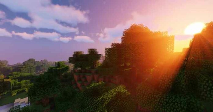 sunset shining through trees in Minecraft.