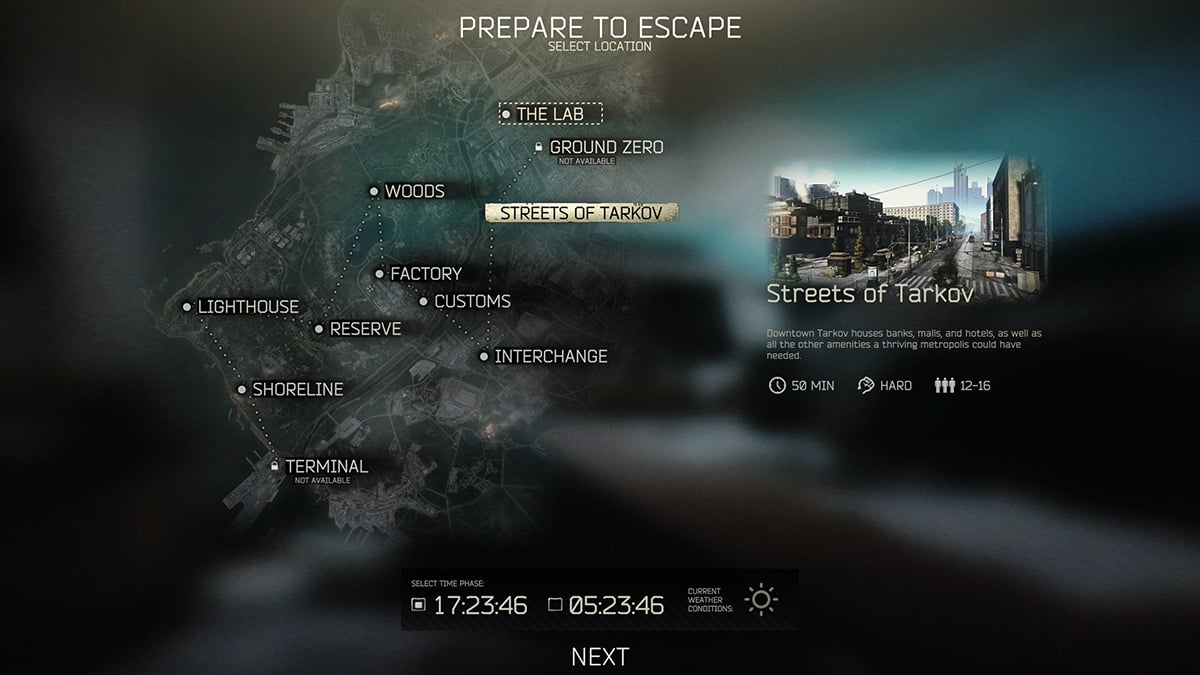 L'écran de sélection de l'emplacement du raid dans Escape from Tarkov