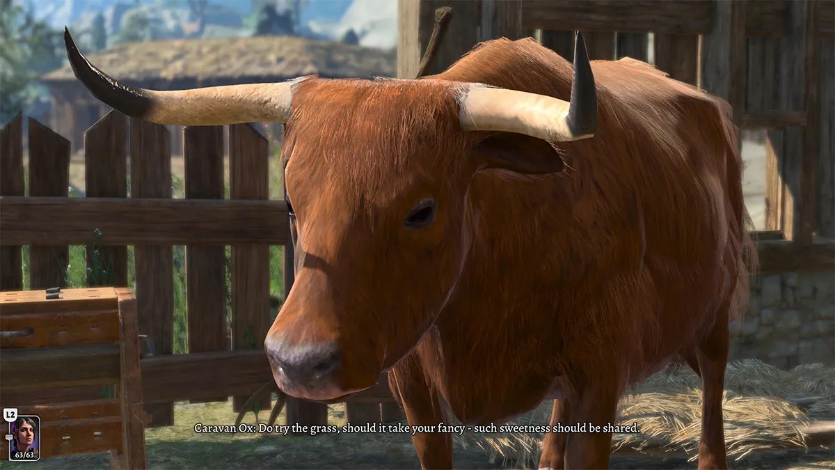 Baldurs Gate 3, personnage principal parlant avec un bœuf