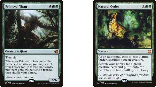 Cartes Primeval Titan et Natural Order de MtG