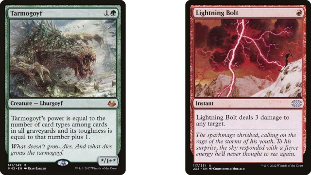 Cartes Tarmogoyf et Lightning Bolt de MtG