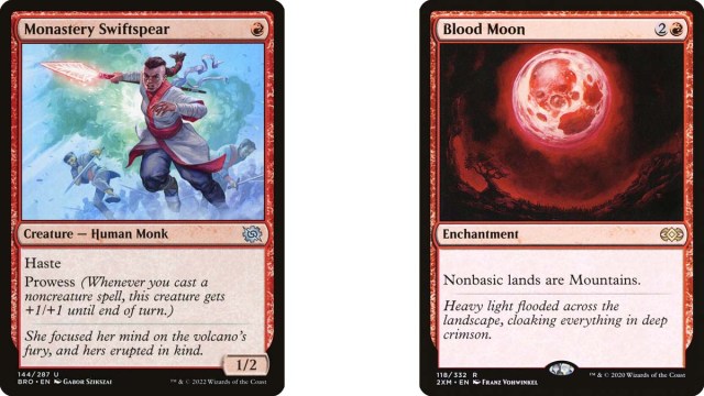 Cartes Monsatery Swiftspear et Blood Moon de MtG