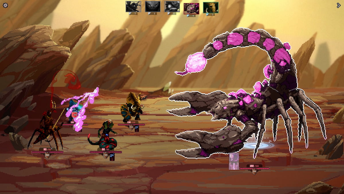 le groupe de joueurs luttant contre un scorpion dans un désert chez sandwalkers