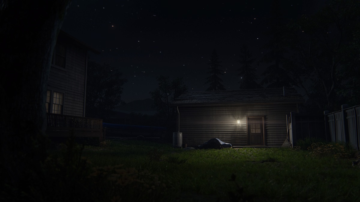 Plan extérieur de la cabane d'Ellie à Jackson la nuit avec la lumière d'un porche allumée.
