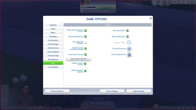 Les options des Sims 4 activent les mods de script 