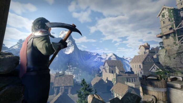 an enshrouded player holding a pickaxe and looking at a city