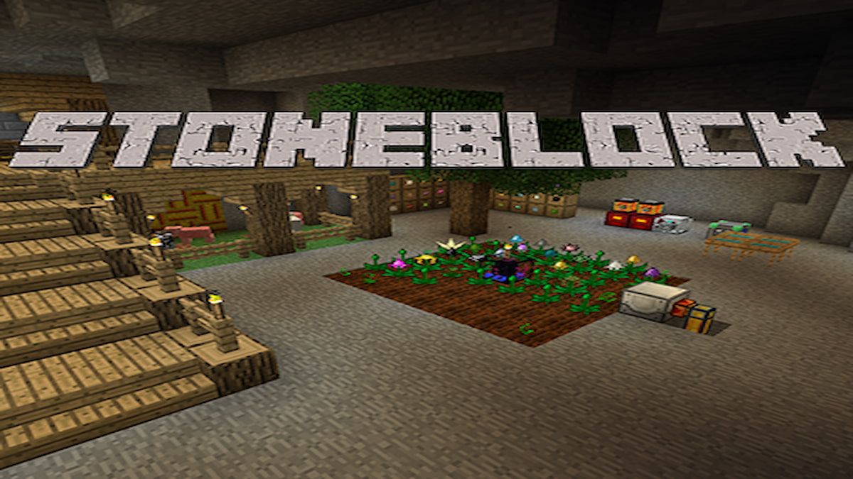 Image de couverture du modpack StoneBlock, montrant une ferme et d'autres zones à l'intérieur d'une pièce en pierre.