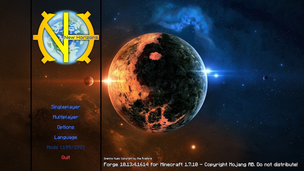 L'écran de démarrage du modpack GT New Horizons, montrant une planète.