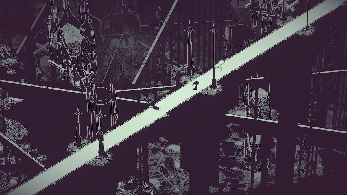 personnage principal de Hanutii marchant sur un pont au-dessus d'une ville