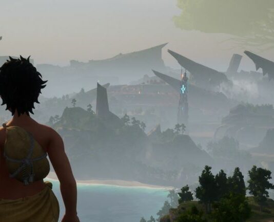 The player staring out over the mountains in Palworld