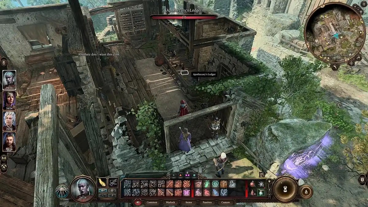joueur explorant une maison en bois dans le village dévasté sous laquelle se trouve la cave de nécromancie