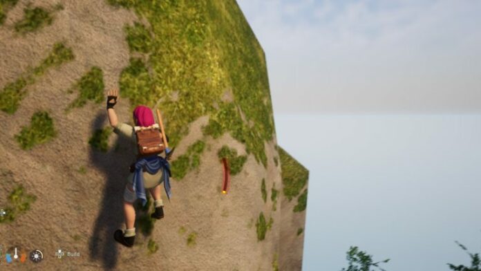 A player climbing a cliff in Palworld.
