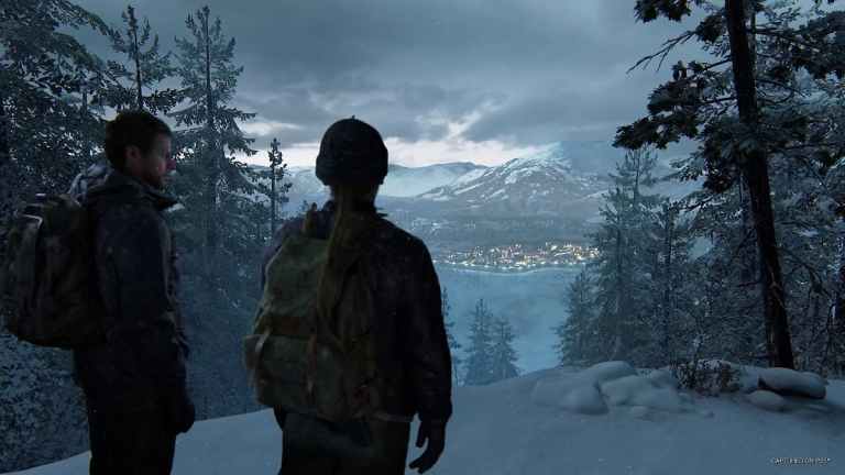 Characters overlooking the landscape with mountains and water