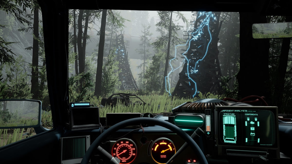 le joueur conduisant sa voiture à travers une forêt à la première personne dans Pacific Drive