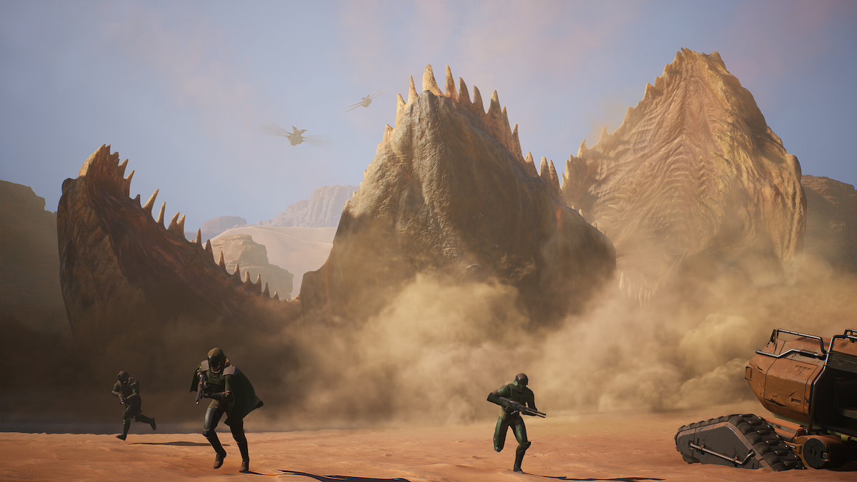 joueurs fuyant un ver de sable en éruption au réveil des dunes