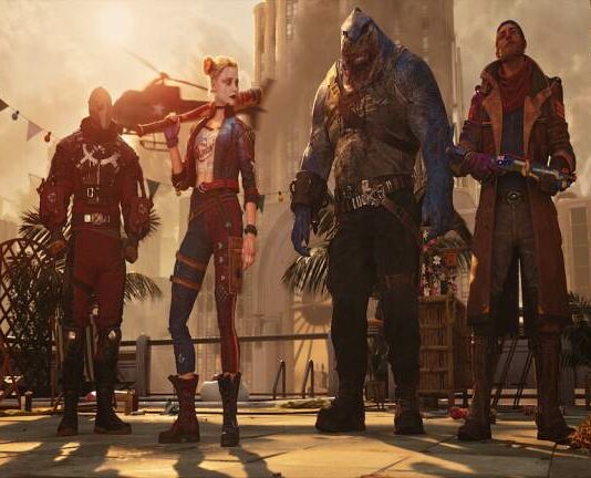 deadshot, harley, king shark, and boomerang posing in suicide squad killl the justice league