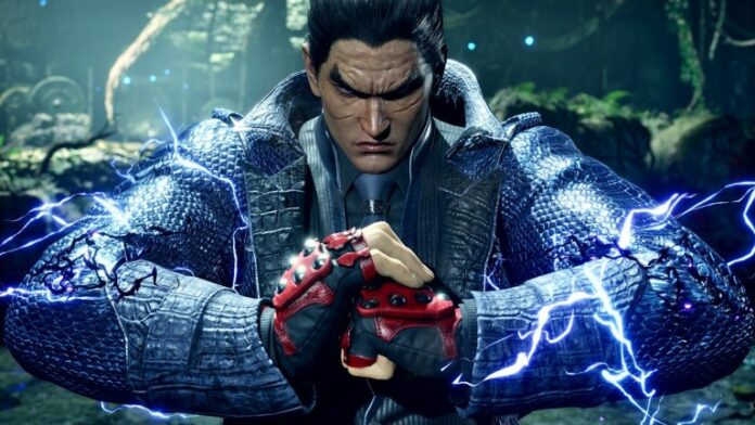 Kazuya in a blue jacket pushing his fists together with lightning up his arm.