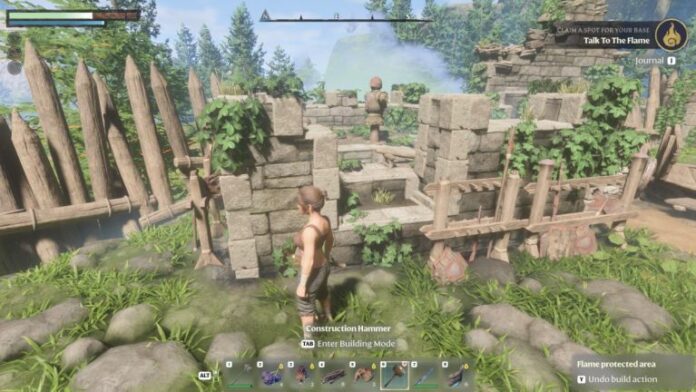 The player destroying an environmental structure in Enshrouded